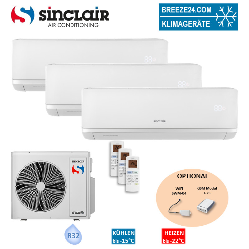 Sinclair Set 3 Wandgeräte RAY 2,7/6,2 kW 2 x SIH-09BIR + SIH-24BIR + MV-E36BI2 R32 Klimaanlage